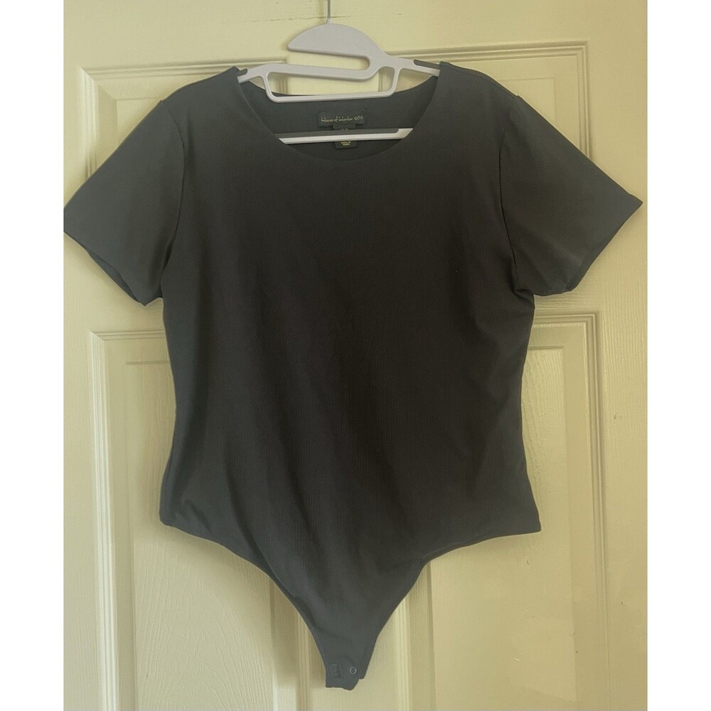 House of Harlow 1960 REVOLVE Black Ribbed Short Sleeve Thong Bodysuit Size L Top